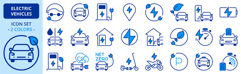 Wall Mural - icons in two colors about electric vehicles. sustainable development