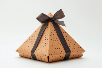 Wall Mural - Brown pyramid shaped gift box decorated with black polka dots and tied with brown ribbon on a seamless white background