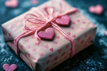 Wall Mural - Lovely pink gift box decorated with glitter hearts and twine, perfect for valentine's day or a romantic occasion