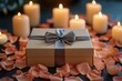 © Michael - Romantic surprise gift box wrapped with grey ribbon surrounded by rose petals and burning candles for valentine's day or birthday