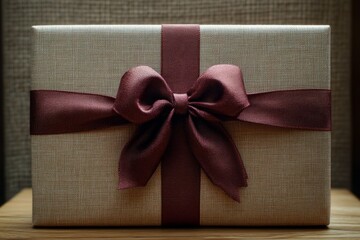 Wall Mural - Beige gift box with a burgundy ribbon and bow, representing celebration, surprise, and giving