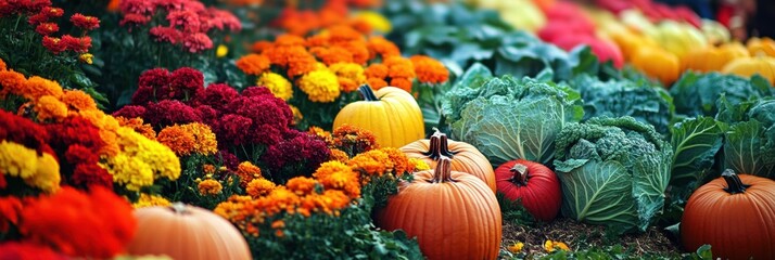 Aufkleber - Lush vegetable garden showcasing vibrant rows of diverse crops and colorful flowers in bright sunlight. Generative AI