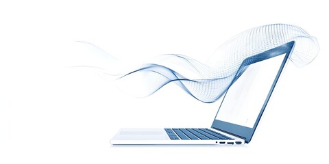 Open laptop with a sleek modern design and flowing blue abstract digital waves symbolizing connectivity, technology, and innovation on a white background