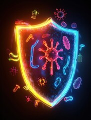 Fototapete - Shield protecting against harmful microbes in a vibrant, colorful design for enhanced safety and health awareness. Generative AI