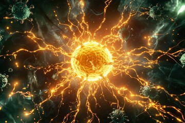 Fototapete - Glowing cell under attack from numerous menacing viruses at the molecular level of a biological environment. Generative AI