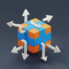 Leinwandbilder - Abstract 3D rendering of a cube with arrows symbolizing multifaceted data flow and interconnectedness.