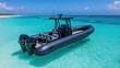© AGUNG - Dark gray inflatable boat on calm turquoise water, tropical beach in background.