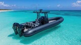 Dark gray inflatable boat on calm turquoise water, tropical beach in background.