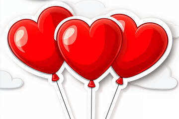Wall Mural - three red heart shaped balloons, sticker with outline, valentine's day, on white background