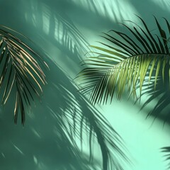 Wall Mural - Lush Tropical Palm Leaves Casting Shadows Against a Soft Mint Green Wall in Bright Natural Light for a Refreshing and Vibrant Atmosphere