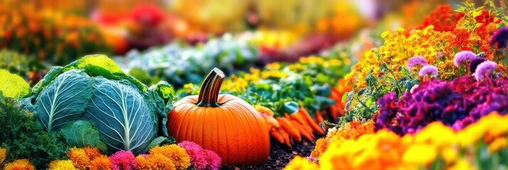 Aufkleber - Lush vegetable garden featuring rows of vibrant cabbages, carrots, and pumpkins in full bloom during sunny summer days. Generative AI