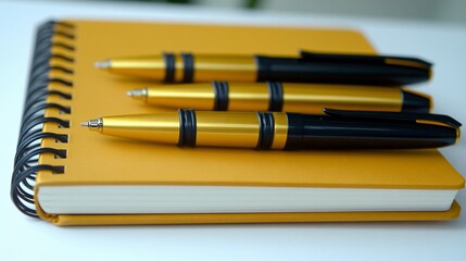 Elegant Gold and Black Pens on Yellow Notebook