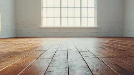 Poster - Empty room with wooden floor and natural light illuminating white brick wall