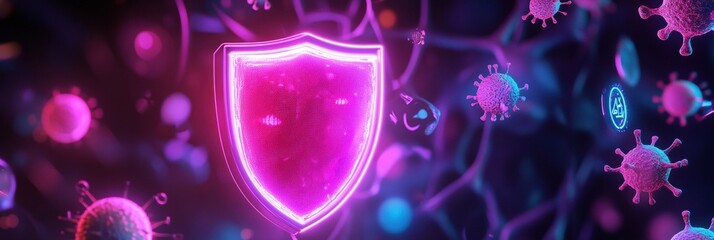 Fototapete - Shield technology protecting against harmful microbes in a vibrant digital environment. Generative AI