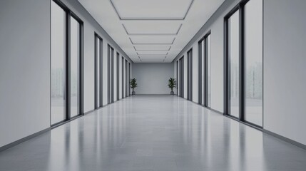Poster - Empty modern hallway with panoramic windows emphasizing openness and natural light