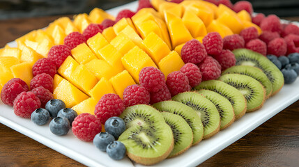 Canvas Print - Colorful assortment of fresh tropical and berry fruits including mangoes, kiwi slices, raspberries, and blueberries served on a white platter, perfect for healthy meals or refreshing treats.