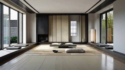 Poster - Modern Minimalist Interior Design Spacious Rooms with Natural Light, Wooden Flooring, and Traditional Elements for Serene Atmosphere