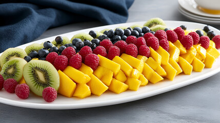 Canvas Print - Colorful assortment of fresh tropical and berry fruits including mangoes, kiwi slices, raspberries, and blueberries served on a white platter, perfect for healthy meals or refreshing treats.