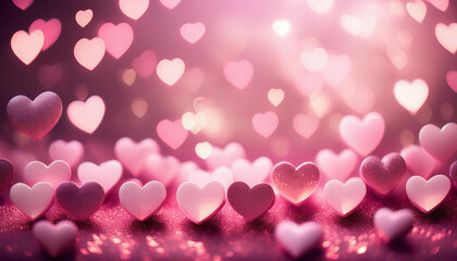 Wall Mural - Pink and red heart shapes create a romantic bokeh effect against a soft glowing background.