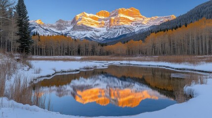 Poster - Golden sunrise reflects on a tranquil mountain lake, snow-covered aspen trees, and majestic peaks.