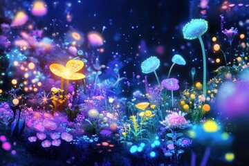 Poster - Explore the beauty of a magical microscopic ecosystem filled with friendly microbes in vibrant colors and diverse flora. Generative AI
