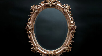 A gold framed oval mirror with a black background