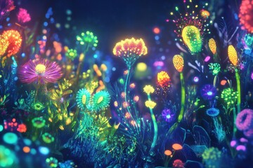 Poster - Exploring a vibrant microscopic ecosystem filled with friendly glowing microbes and unique flora. Generative AI