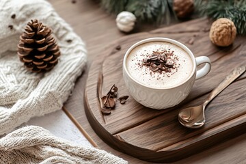 Wall Mural - Hot cappuccino with cinnamon and coffee beans on wooden tray, cozy winter atmosphere