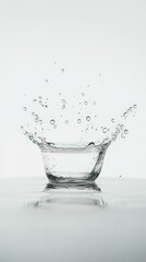 Poster - Water splashing out of a glass bowl on a white background creates stunning droplets and ripples, capturing the essence of fluid motion and the beauty of purity and freshness