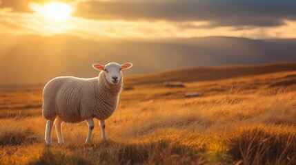 Canvas Print - close up sheep with thick wool coats, grazing peacefully on a sunlit meadow