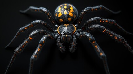 Wall Mural - Close-up of black and orange spider on black background
