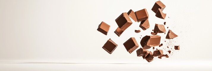 Pieces of milk chocolate bar exploding into chunks, creating crumbs and small particles suspended in the air against a minimal off white background, evoke a sense of indulgence