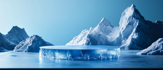 Frosted ice platform, podium, stage  on a serene frozen water at snow-covered mountains. Crystal product display, winter promotions.  Minimal ice abstract background. Generative ai