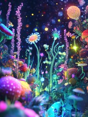 Poster - Exploring a magical microscopic ecosystem filled with vibrant microbes and colorful flora at night. Generative AI