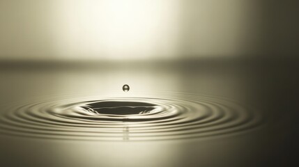 Poster - Single water droplet falling and creating concentric ripples on a golden liquid surface, with soft, diffused lighting creating a tranquil and mesmerizing effect