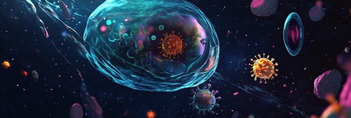 Aufkleber - Magnified view illustrates human cell under assault from invading virus particles in a dynamic biological environment. Generative AI