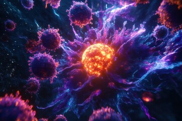 Aufkleber - Glowing cell surrounded by numerous menacing viruses during a microscopic exploration of biological interactions. Generative AI