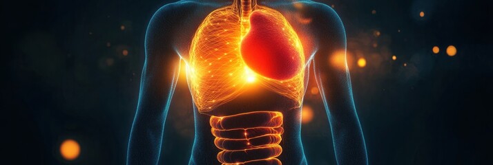 Poster - Glowing human torso with vibrant red focus illuminating the abdominal area in a dark environment. Generative AI