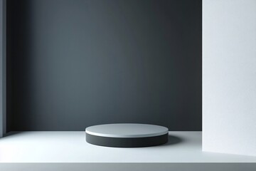 Fototapete - Black and white minimalist cylinder podium on empty room presenting new product