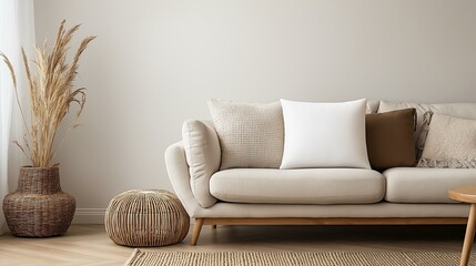 Sticker - blank square cushion mockup, propped on a cozy sofa, with a modern living room