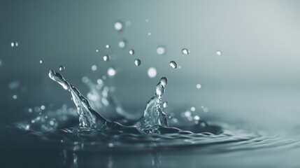 Poster - Clean water is splashing and forming ripples, drops, and bubbles on a turquoise surface, creating a refreshing and dynamic scene with a blurred background