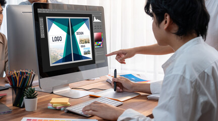 Poster - Graphic designer software for modern design of web page and commercial brisk ads showing on the computer screen