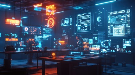 Fototapete - Dynamic workspace featuring digital avatars interacting with advanced technology in a futuristic environment. Generative AI