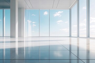 Aufkleber - Modern empty office space with large windows showing blue sky
