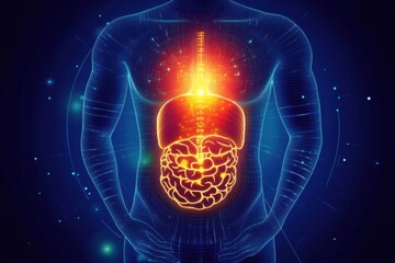 Poster - Glowing human torso with vibrant red focal point in stomach area illustrating energy and vitality. Generative AI