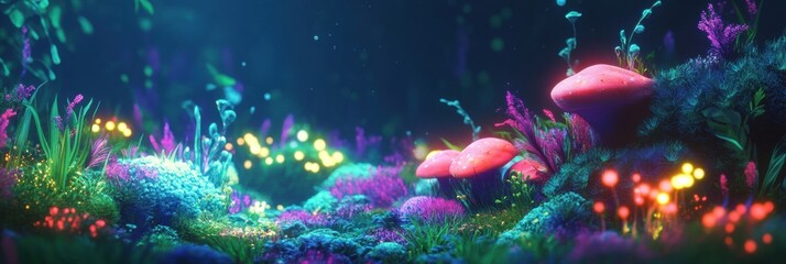 Poster - Explore a vibrant microscopic ecosystem exhibiting colorful microbes in a fantastical setting. Generative AI
