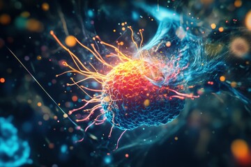 Aufkleber - Magnified human cell under attack from a virus showcases intricate details of cellular response. Generative AI