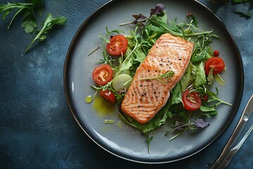 Grilled salmon fillet with green salad and cherry tomatoes on dark rustic background