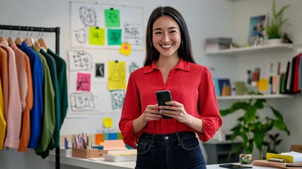 Wall Mural - The Woman with Smartphone Smiling