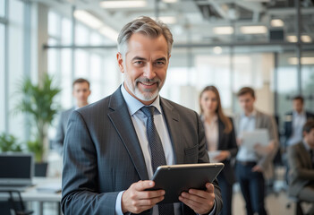 Wall Mural - Were always busy making big things happen here. Portrait of a mature businessman using a digital tablet in an office with his colleagues in the background, 4k